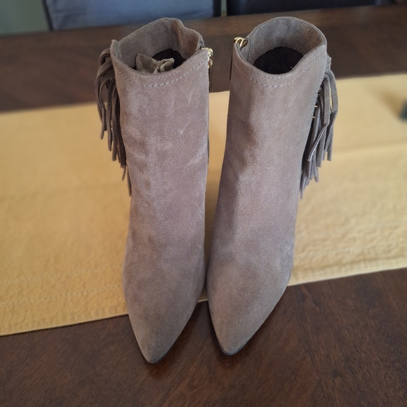 Isola Fringed Suede Leather Ankle Heeled Boots - Taupe Brown 6 - Picture 11 of 16